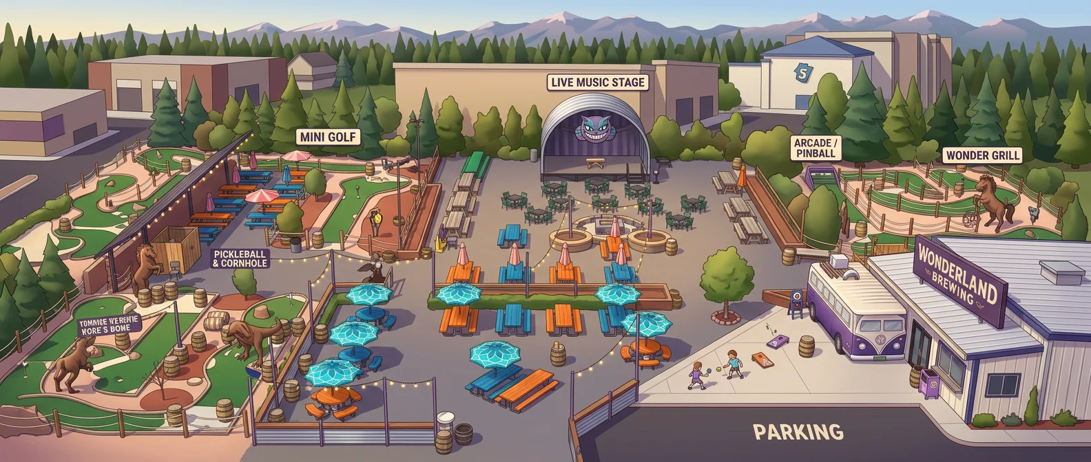 Illustrated overhead view of Wonderland Brewing showing mini golf, the live music stage, pickleball and cornhole, the arcade and pinball area, Wonder Grill, the Wonderland Brewing taproom, and parking
